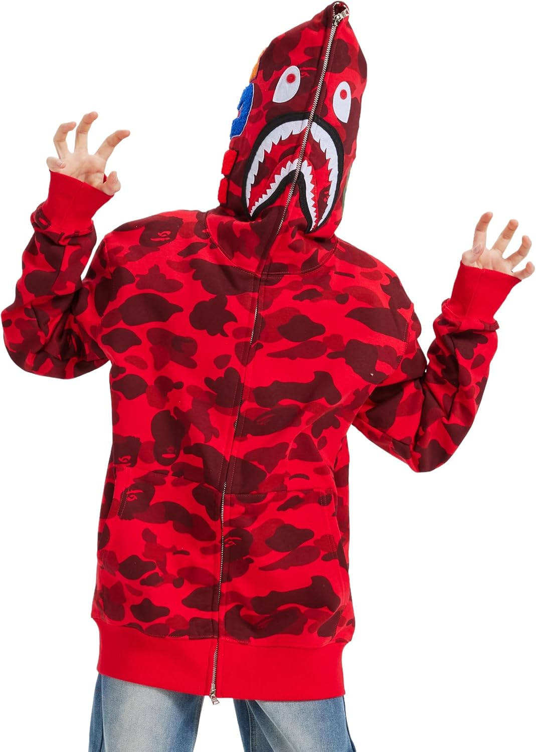 Unisex Camouflage Hoodie with Shark Embroidery, Full Zip, Lightweight Couple sweatshirts heavyweight hoodie X-Large Red