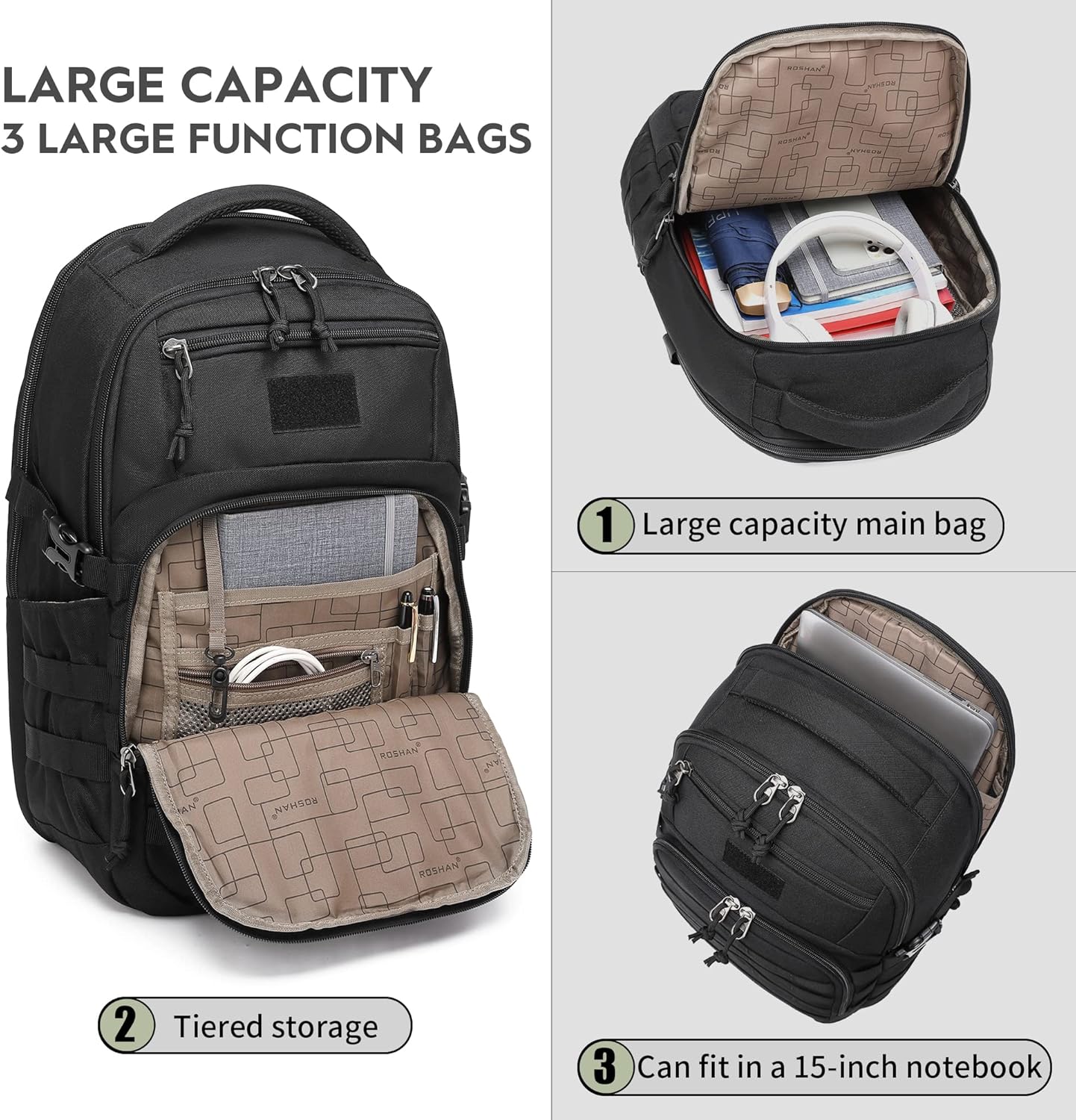 Wotony Military tactical backpack, backpack for men black small tactical assault bag 18.5 inch Black