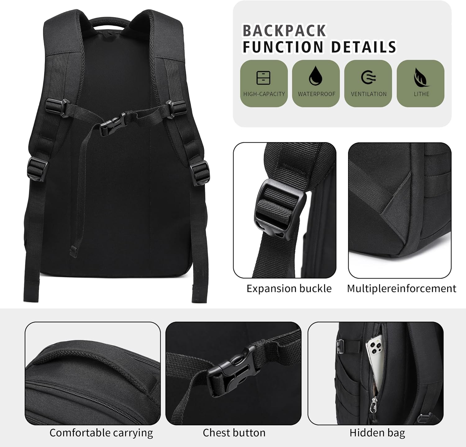 Wotony Military tactical backpack, backpack for men black small tactical assault bag 18.5 inch Black