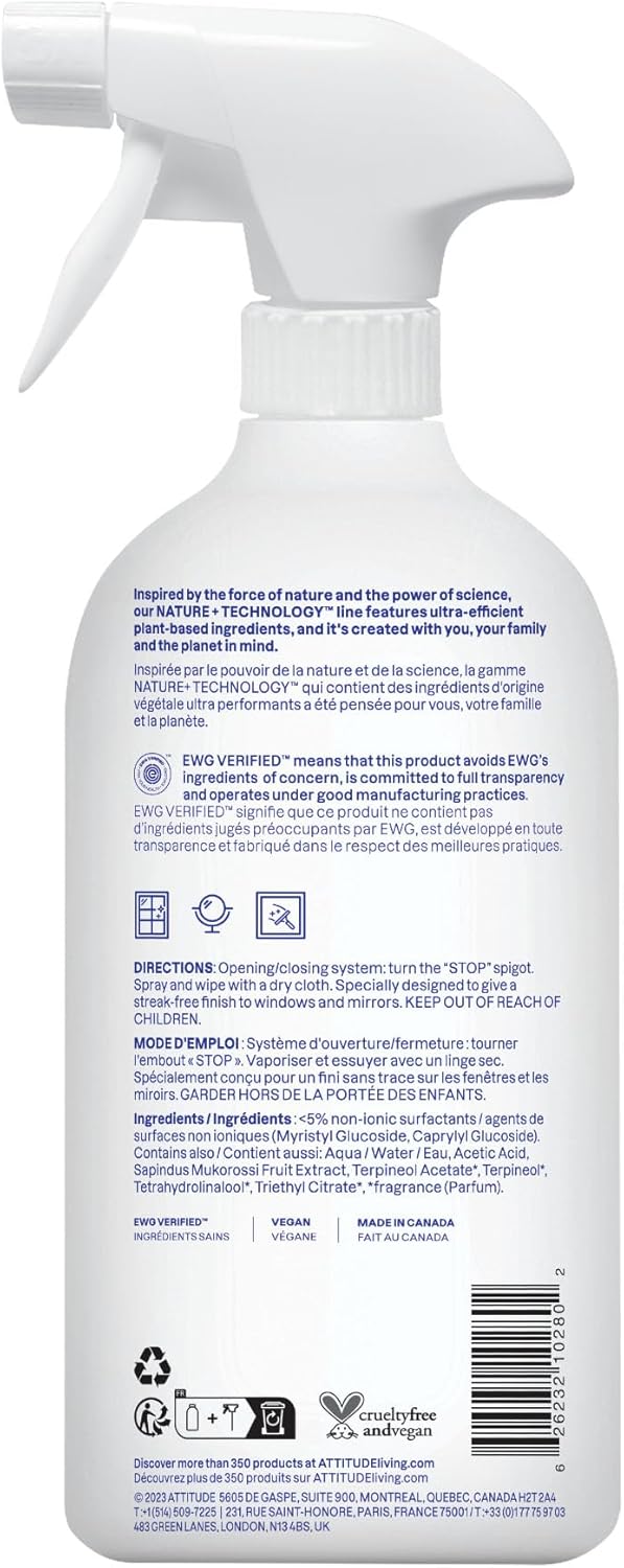 ATTITUDE Window and Mirror Cleaner, EWG Verified, Plant- and Mineral-Based Ingredients, Vegan and Cruelty-free Household Products, Citrus Zest, 27.1 Fl Oz 27.1 Fl Oz (Pack of 1)