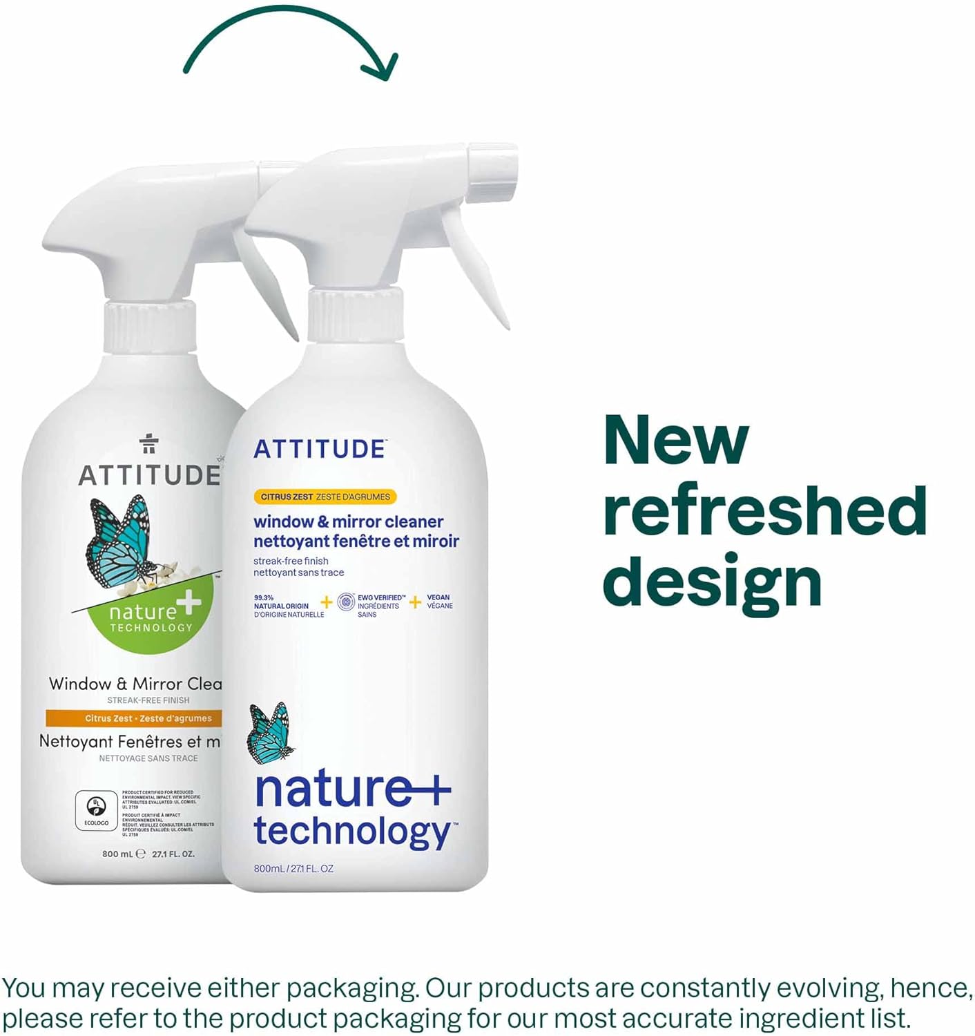 ATTITUDE Window and Mirror Cleaner, EWG Verified, Plant- and Mineral-Based Ingredients, Vegan and Cruelty-free Household Products, Citrus Zest, 27.1 Fl Oz 27.1 Fl Oz (Pack of 1)