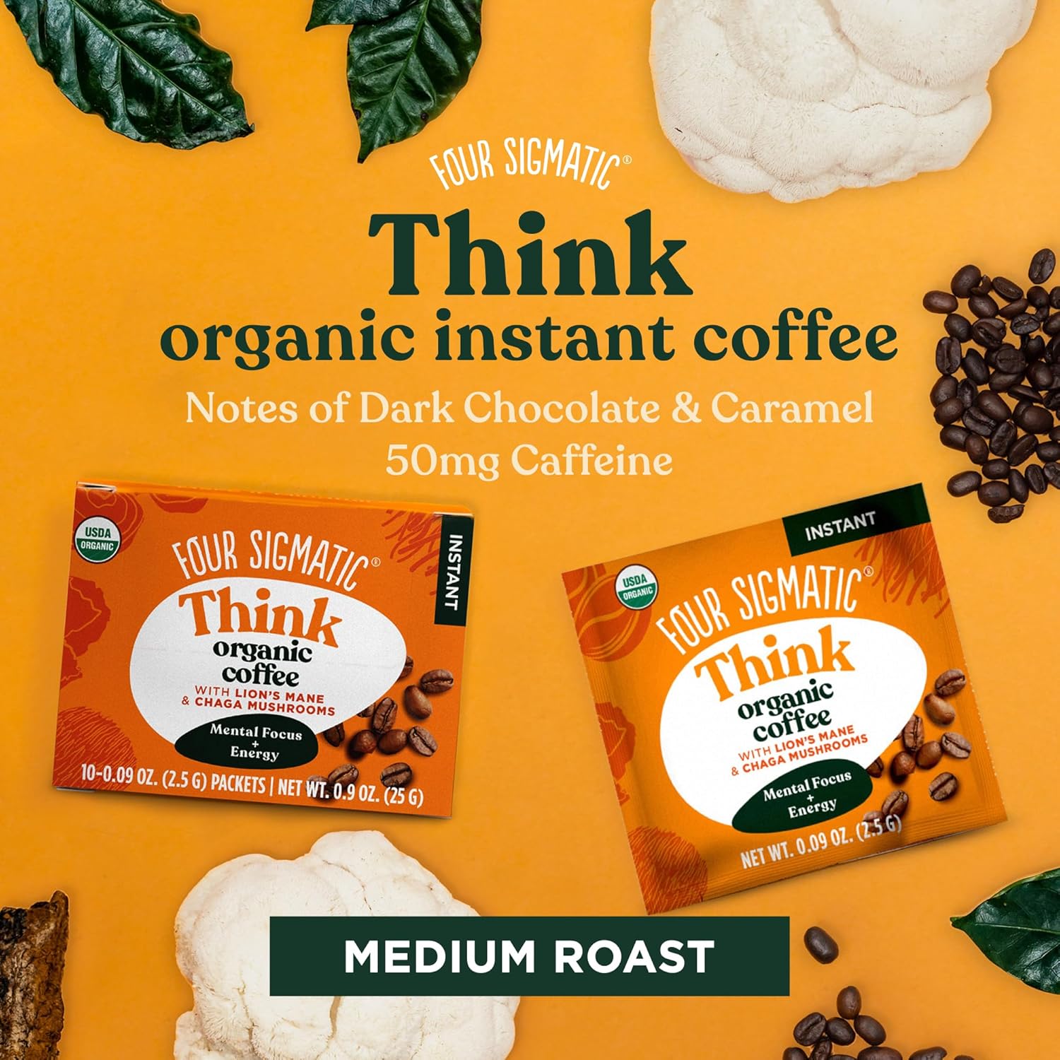 Four Sigmatic Mushroom Mix Coffee Lion's Mane | Think | Pack of 3 (30 Packets Total) Think w/ Lion's Mane 0.09 Ounce (Pack of 30)