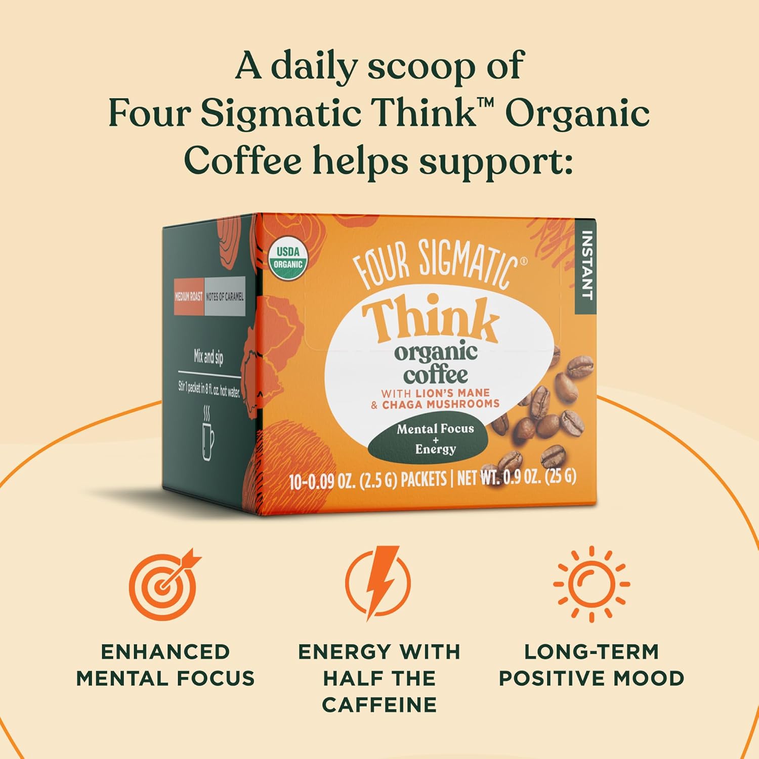 Four Sigmatic Mushroom Mix Coffee Lion's Mane | Think | Pack of 3 (30 Packets Total) Think w/ Lion's Mane 0.09 Ounce (Pack of 30)