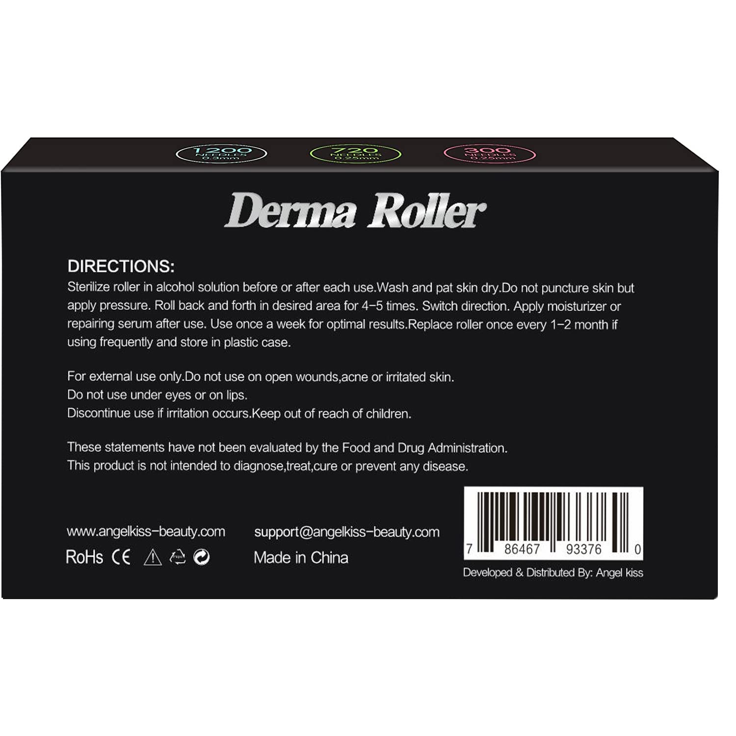 Derma Roller for Face and Body - Angel Kiss 4 in 1 Titanium Microneedling Roller Kit Micro Needle Microneedle Roller, 300 and 720 Needles 0.25mm,1200 Needle 0.3mm, Microdermabrasion Roller Men Women Multicolor Sky Blue