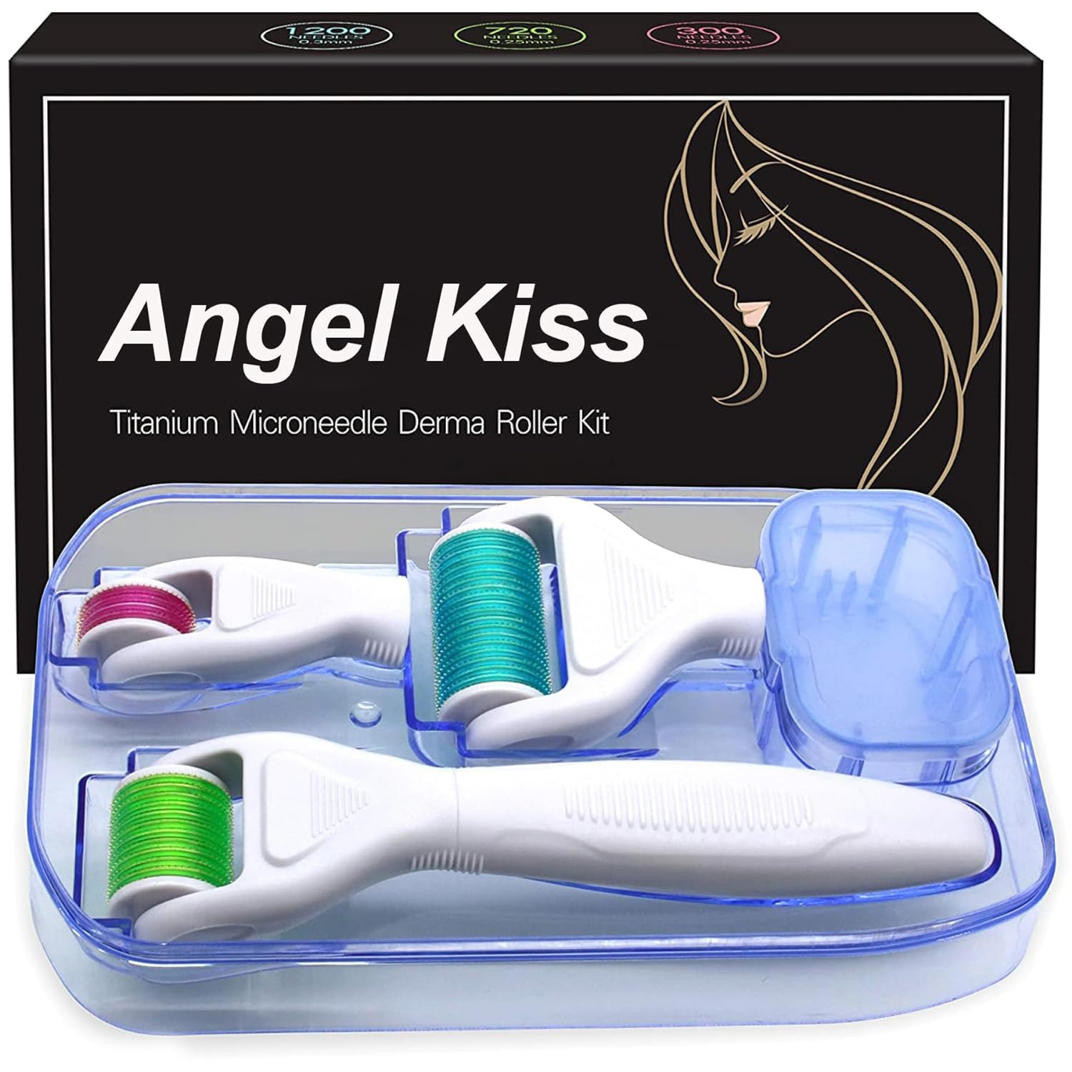 Derma Roller for Face and Body - Angel Kiss 4 in 1 Titanium Microneedling Roller Kit Micro Needle Microneedle Roller, 300 and 720 Needles 0.25mm,1200 Needle 0.3mm, Microdermabrasion Roller Men Women Multicolor Sky Blue