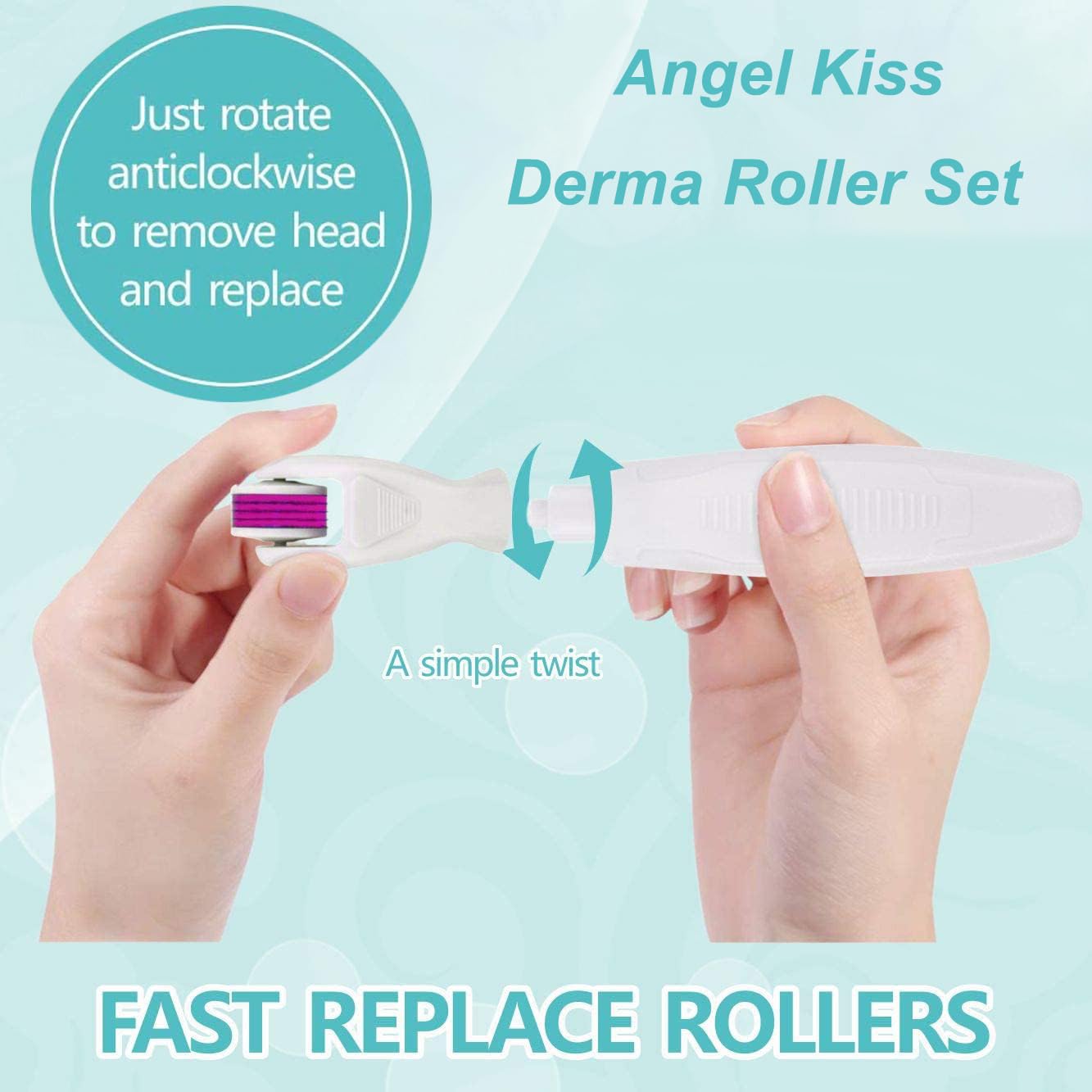 Derma Roller for Face and Body - Angel Kiss 4 in 1 Titanium Microneedling Roller Kit Micro Needle Microneedle Roller, 300 and 720 Needles 0.25mm,1200 Needle 0.3mm, Microdermabrasion Roller Men Women Multicolor Sky Blue