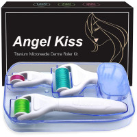Derma Roller for Face and Body - Angel Kiss 4 in 1 Titanium Microneedling Roller Kit Micro Needle Microneedle Roller, 300 and 720 Needles 0.25mm,1200 Needle 0.3mm, Microdermabrasion Roller Men Women Multicolor Sky Blue