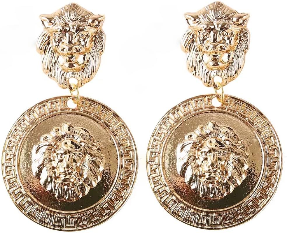 Lion Head Earrings Vintage Statement Golden Coin Women Fashion