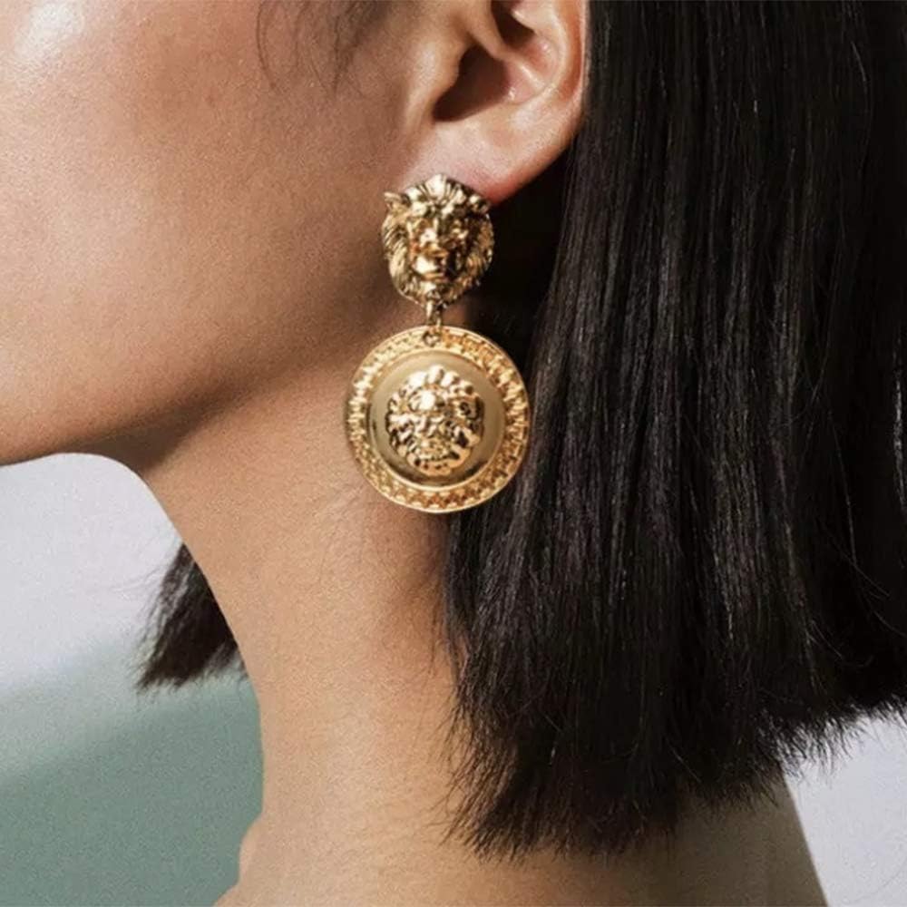 Lion Head Earrings Vintage Statement Golden Coin Women Fashion