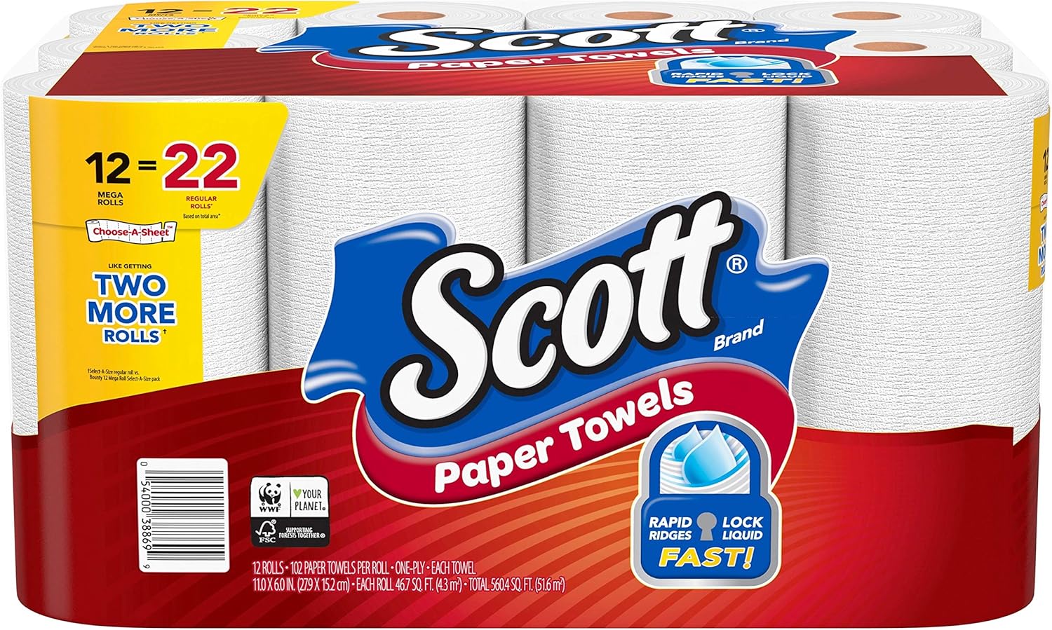 Scott Paper Towels, Choose-A-Sheet - 12 Mega Rolls = 22 Regular Rolls (102 Sheets Per Roll) White 12 Count (Pack of 1)