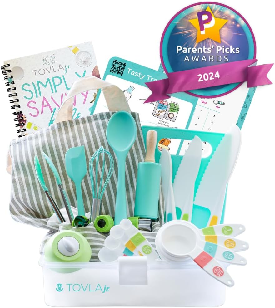 Tovla Jr. Kids Real Cooking and Baking Gift Set with Cookbook and Storage Case- Montessori Complete Cooking Supplies for the Junior Chef - Set for Girls & Boys - Utensils and Kid Safe Knives.