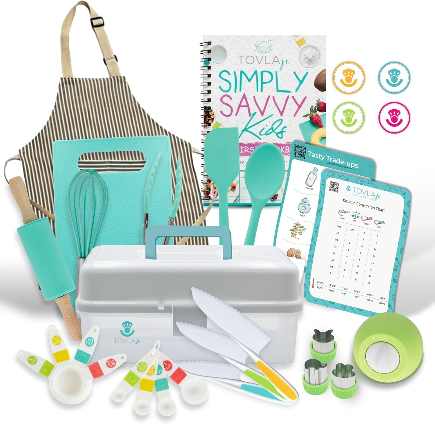 TOVLA JR Kids Real Cooking and Baking Ultimate Gift Set | Montessori Kid-Safe Knives, Apron, Visual Cookbook, Timer, Storage Case & Tools | Premium Christmas & Birthday Gift for Girls & Boys Ages 4–12