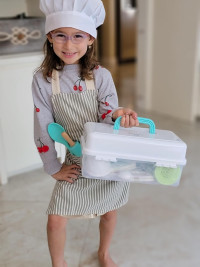 Tovla Jr. Kids Real Cooking and Baking Gift Set with Cookbook and Storage Case- Montessori Complete Cooking Supplies for the Junior Chef - Set for Girls & Boys - Utensils and Kid Safe Knives.