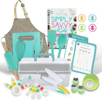 Tovla Jr. Kids Real Cooking and Baking Gift Set with Cookbook and Storage Case- Montessori Complete Cooking Supplies for the Junior Chef - Set for Girls & Boys - Utensils and Kid Safe Knives.