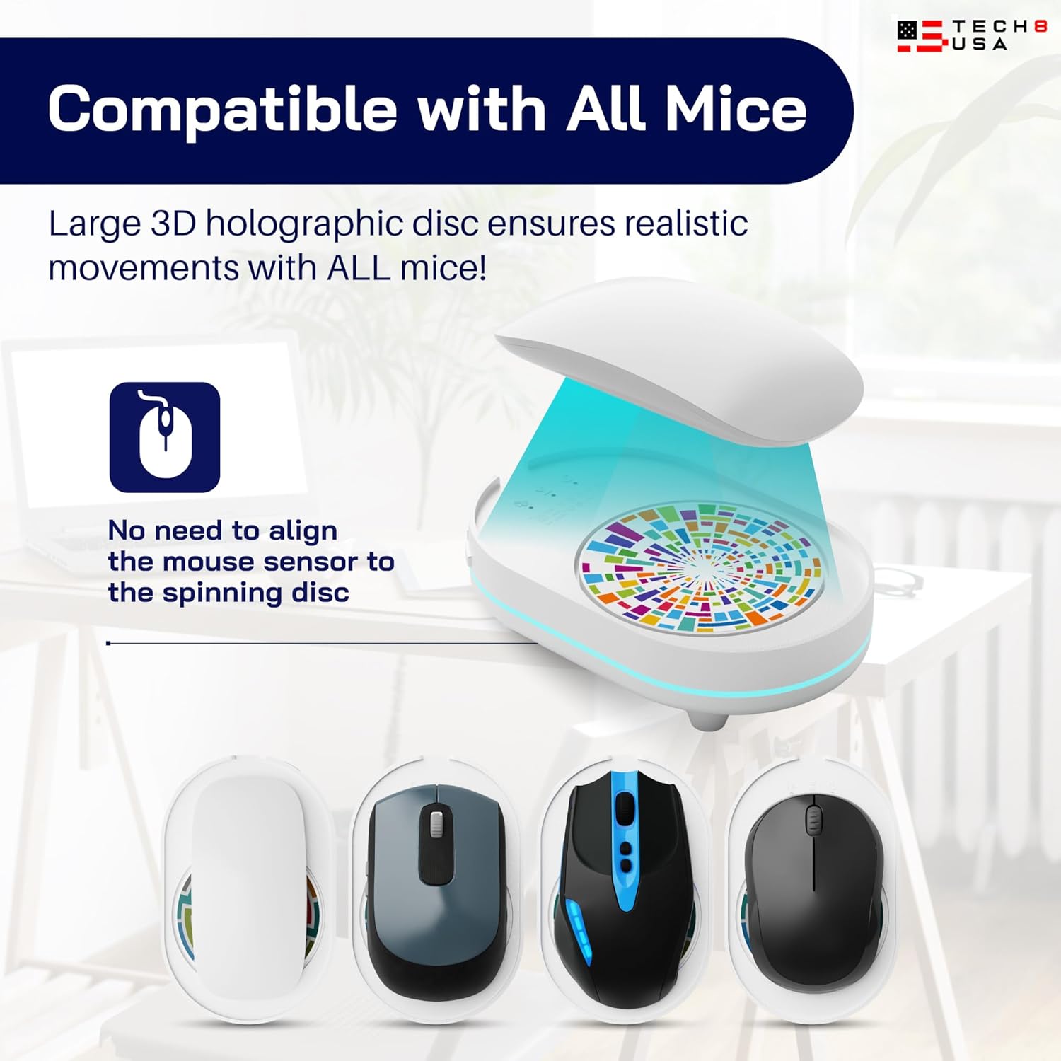 TECH8 USA Mouse Mover Device, Undetectable Mouse Jiggler for Laptops, PC, No Software, Random Movement, Patented, Designed, Engineered, Packaged in USA - 3D Hologram Glass 3D Hologram- Glass