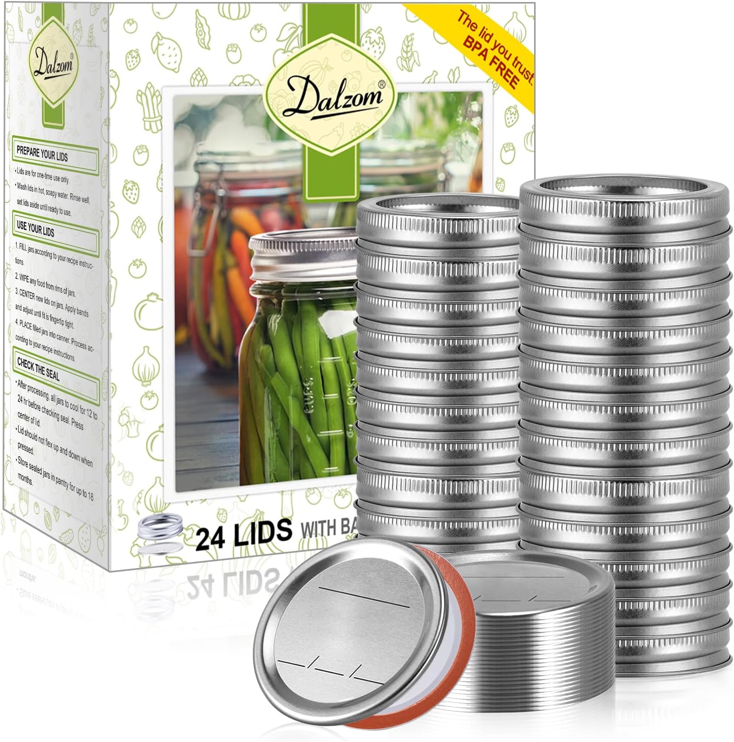 Dalzom® 48Pcs Canning Lids with Rings Regular Mouth, Premium Mason Jar Lids with Bands/Rings for Ball, Kerr Jars - Food Grade Material, 100% Fit & Airtight for Regular Mouth Mason Jars 24Lids + 24Rings for Regular Mouth Jar