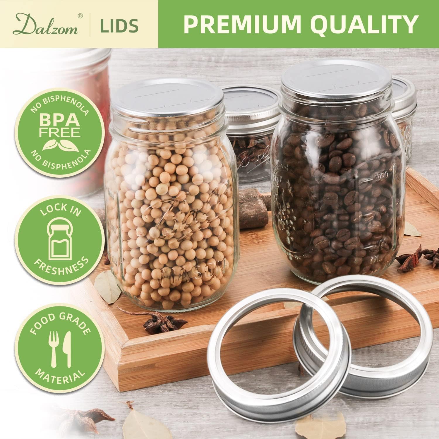 Dalzom® 48Pcs Canning Lids with Rings Regular Mouth, Premium Mason Jar Lids with Bands/Rings for Ball, Kerr Jars - Food Grade Material, 100% Fit & Airtight for Regular Mouth Mason Jars 24Lids + 24Rings for Regular Mouth Jar
