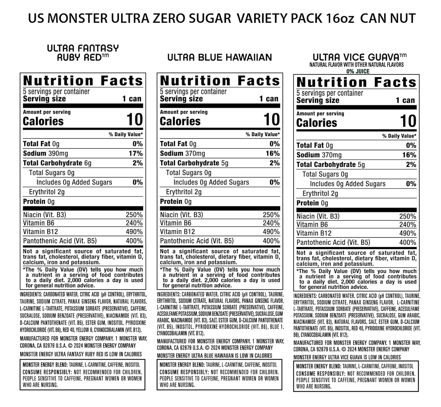 Monster Energy Ultra Variety Pack, Blue Hawaiian, Ultra Vice Guava, Ultra Fantasy Ruby Red, Sugar Free Energy Drink, 16 Ounce (Pack of 15)