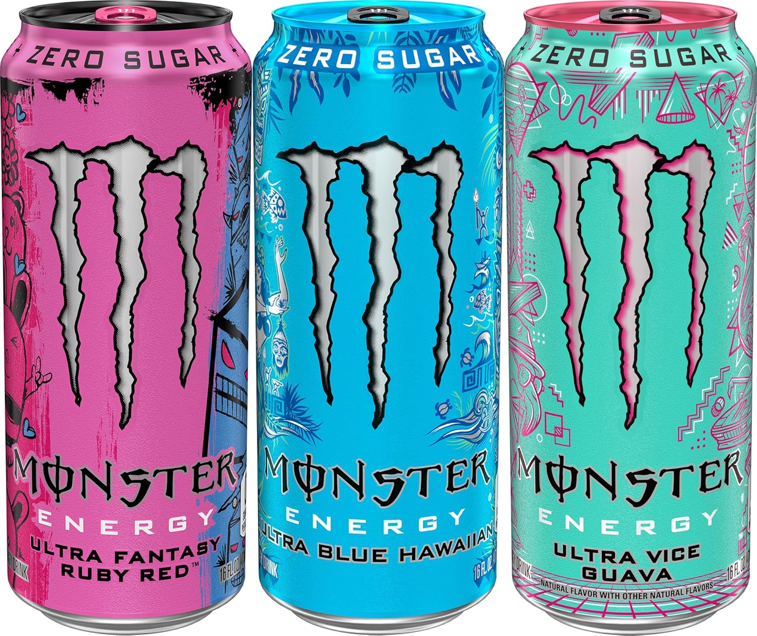 Monster Energy Ultra Variety Pack, Blue Hawaiian, Ultra Vice Guava, Ultra Fantasy Ruby Red, Sugar Free Energy Drink, 16 Ounce (Pack of 15)
