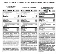 Monster Energy Ultra Variety Pack, Blue Hawaiian, Ultra Vice Guava, Ultra Fantasy Ruby Red, Sugar Free Energy Drink, 16 Ounce (Pack of 15)