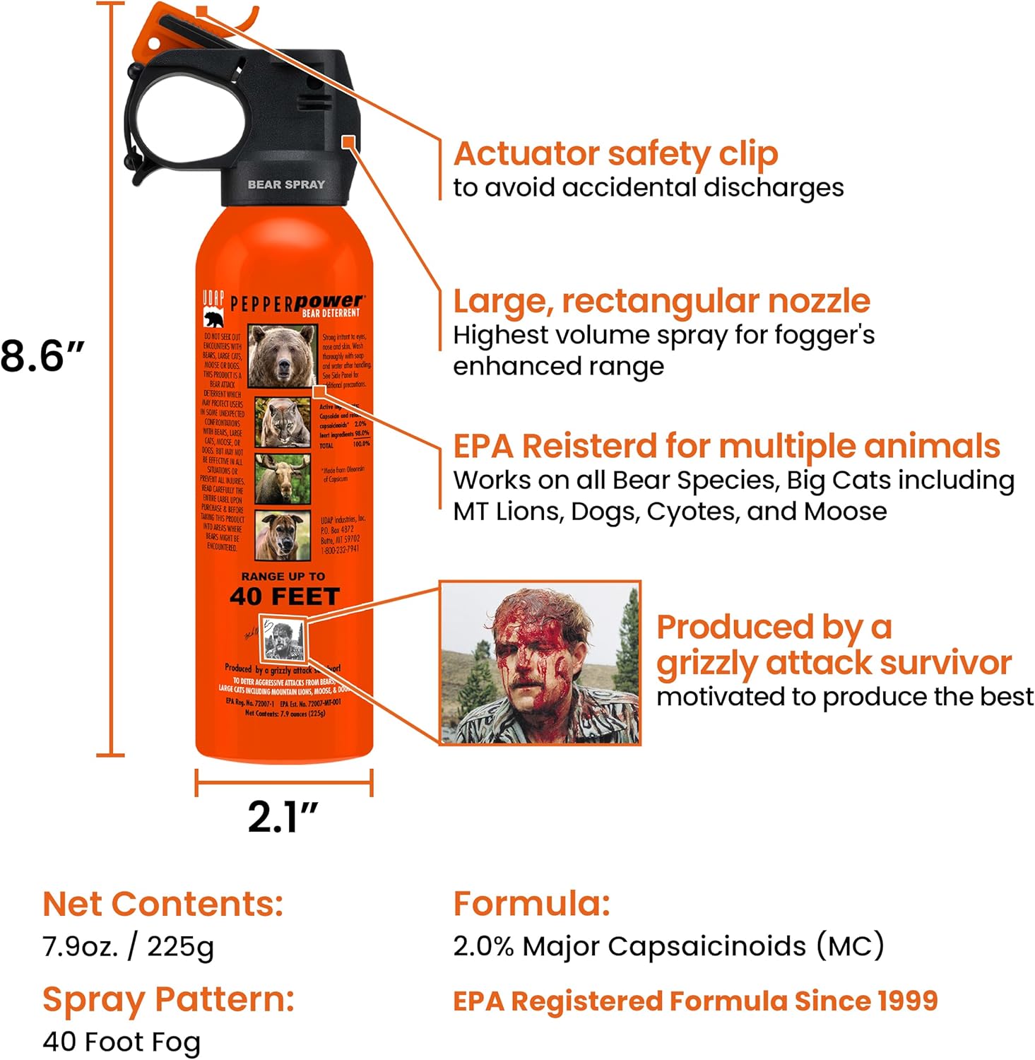 UDAP Pepper Power 12VHP Safety Orange Bear Spray Self Defense Deterrent with Hip Holster and Belt for Camping, Hiking, Fishing, Powerful Blast Pattern, 30 feet Fog Barrier, 7.9 oz