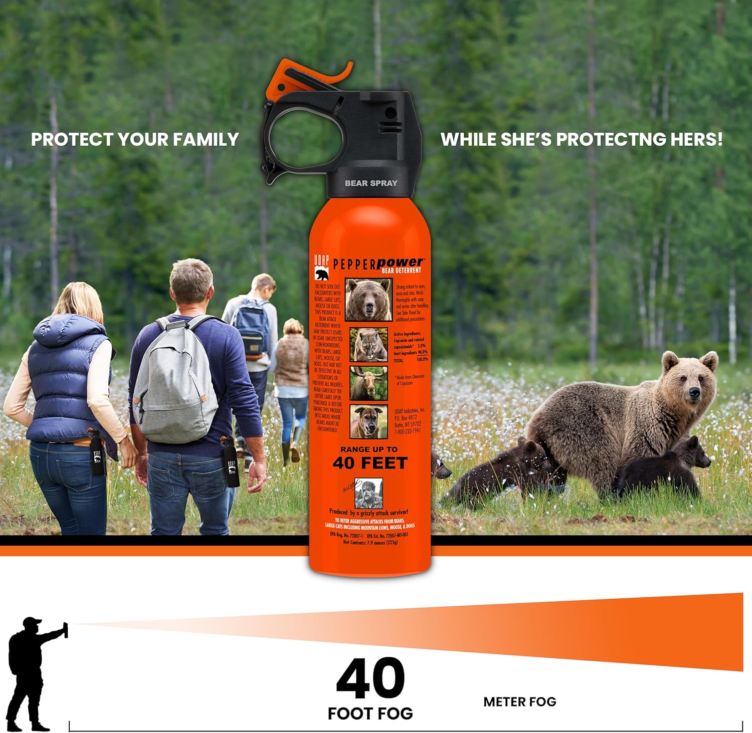 UDAP Pepper Power 12VHP Safety Orange Bear Spray Self Defense Deterrent with Hip Holster and Belt for Camping, Hiking, Fishing, Powerful Blast Pattern, 30 feet Fog Barrier, 7.9 oz