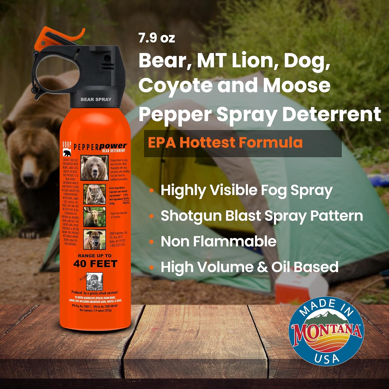 UDAP Pepper Power 12VHP Safety Orange Bear Spray Self Defense Deterrent with Hip Holster and Belt for Camping, Hiking, Fishing, Powerful Blast Pattern, 30 feet Fog Barrier, 7.9 oz