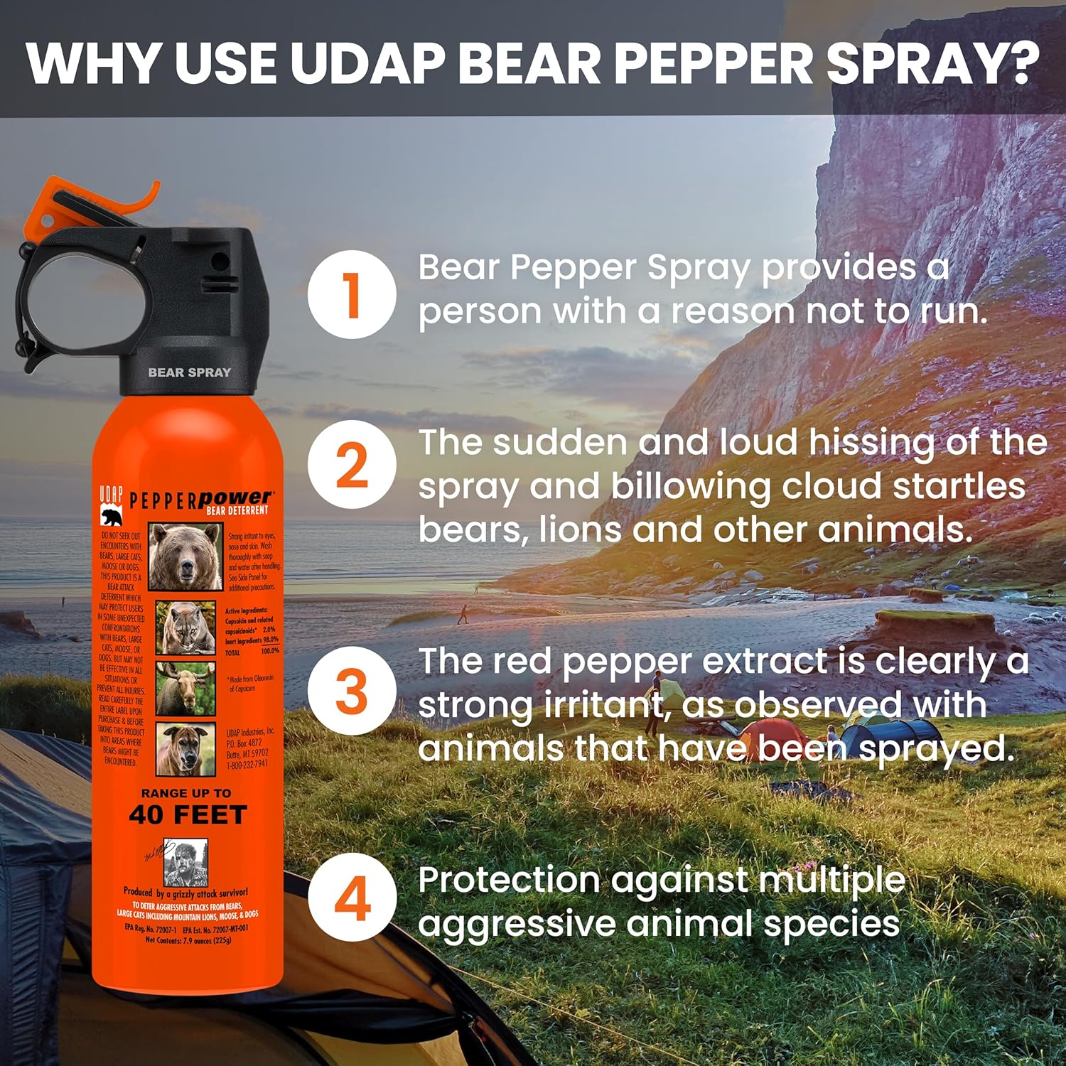 UDAP Pepper Power 12VHP Safety Orange Bear Spray Self Defense Deterrent with Hip Holster and Belt for Camping, Hiking, Fishing, Powerful Blast Pattern, 30 feet Fog Barrier, 7.9 oz
