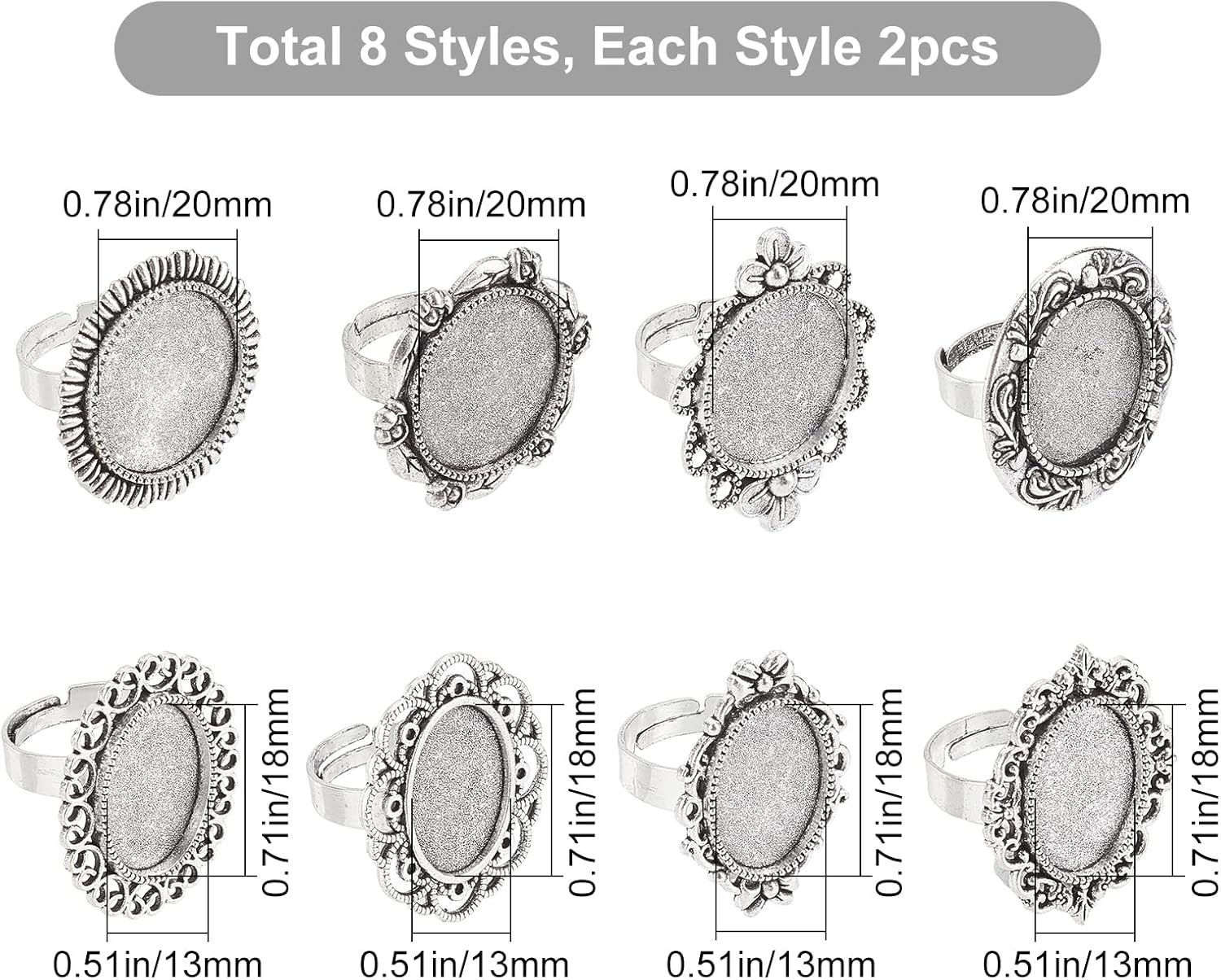 SUNNYCLUE 16Pcs 8 Styles Antique Silver Adjustable Blank Flower Cabochon Ring Settings Flat & Oval Ring Components Bezel Setting Trays for Women DIY Jewelry Making Crafts Vintage Ring Blanks 1.1