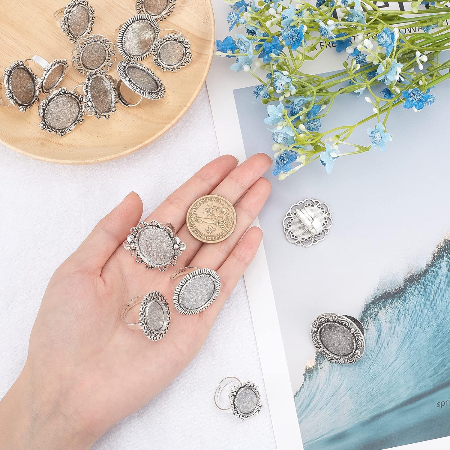 SUNNYCLUE 16Pcs 8 Styles Antique Silver Adjustable Blank Flower Cabochon Ring Settings Flat & Oval Ring Components Bezel Setting Trays for Women DIY Jewelry Making Crafts Vintage Ring Blanks 1.1