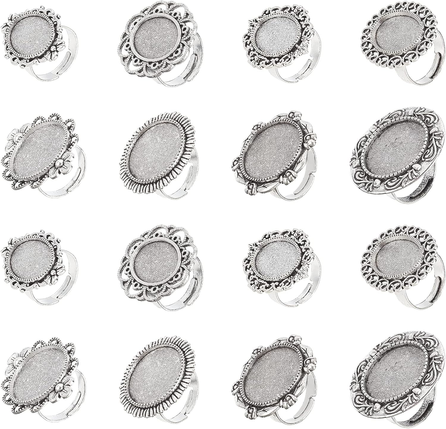 SUNNYCLUE 16Pcs 8 Styles Antique Silver Adjustable Blank Flower Cabochon Ring Settings Flat & Oval Ring Components Bezel Setting Trays for Women DIY Jewelry Making Crafts Vintage Ring Blanks 1.1