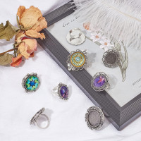 SUNNYCLUE 16Pcs 8 Styles Antique Silver Adjustable Blank Flower Cabochon Ring Settings Flat & Oval Ring Components Bezel Setting Trays for Women DIY Jewelry Making Crafts Vintage Ring Blanks 1.1