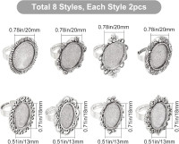SUNNYCLUE 16Pcs 8 Styles Antique Silver Adjustable Blank Flower Cabochon Ring Settings Flat & Oval Ring Components Bezel Setting Trays for Women DIY Jewelry Making Crafts Vintage Ring Blanks 1.1