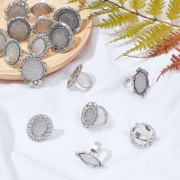 SUNNYCLUE 16Pcs 8 Styles Antique Silver Adjustable Blank Flower Cabochon Ring Settings Flat & Oval Ring Components Bezel Setting Trays for Women DIY Jewelry Making Crafts Vintage Ring Blanks 1.1