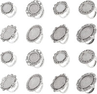 SUNNYCLUE 16Pcs 8 Styles Antique Silver Adjustable Blank Flower Cabochon Ring Settings Flat & Oval Ring Components Bezel Setting Trays for Women DIY Jewelry Making Crafts Vintage Ring Blanks 1.1