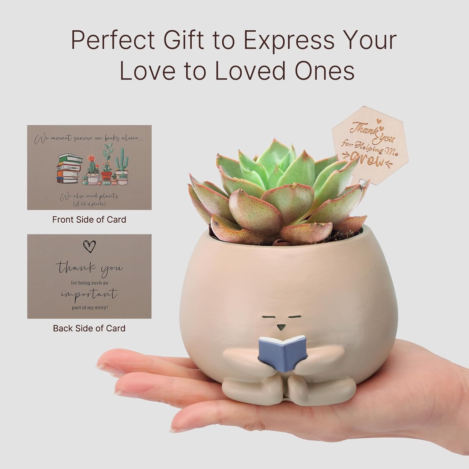 Bookworm Planter Pot Succulent Pot for Book and Plant Lover & Thank You Card, Emotional Support Gift, End of School Gift, Teacher Gift Mother Dad Appreciation S Small