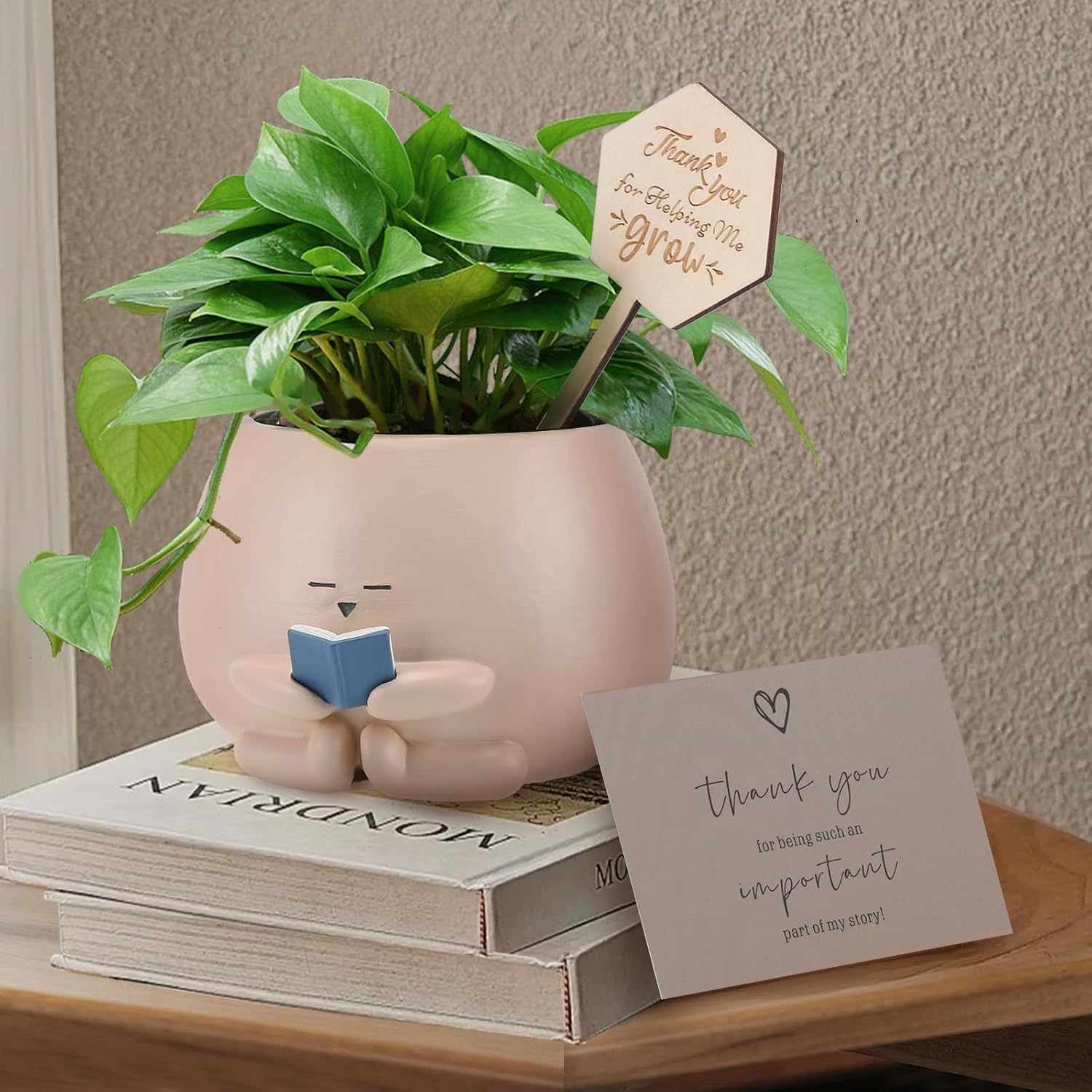 Bookworm Planter Pot Succulent Pot for Book and Plant Lover & Thank You Card, Emotional Support Gift, End of School Gift, Teacher Gift Mother Dad Appreciation S Small