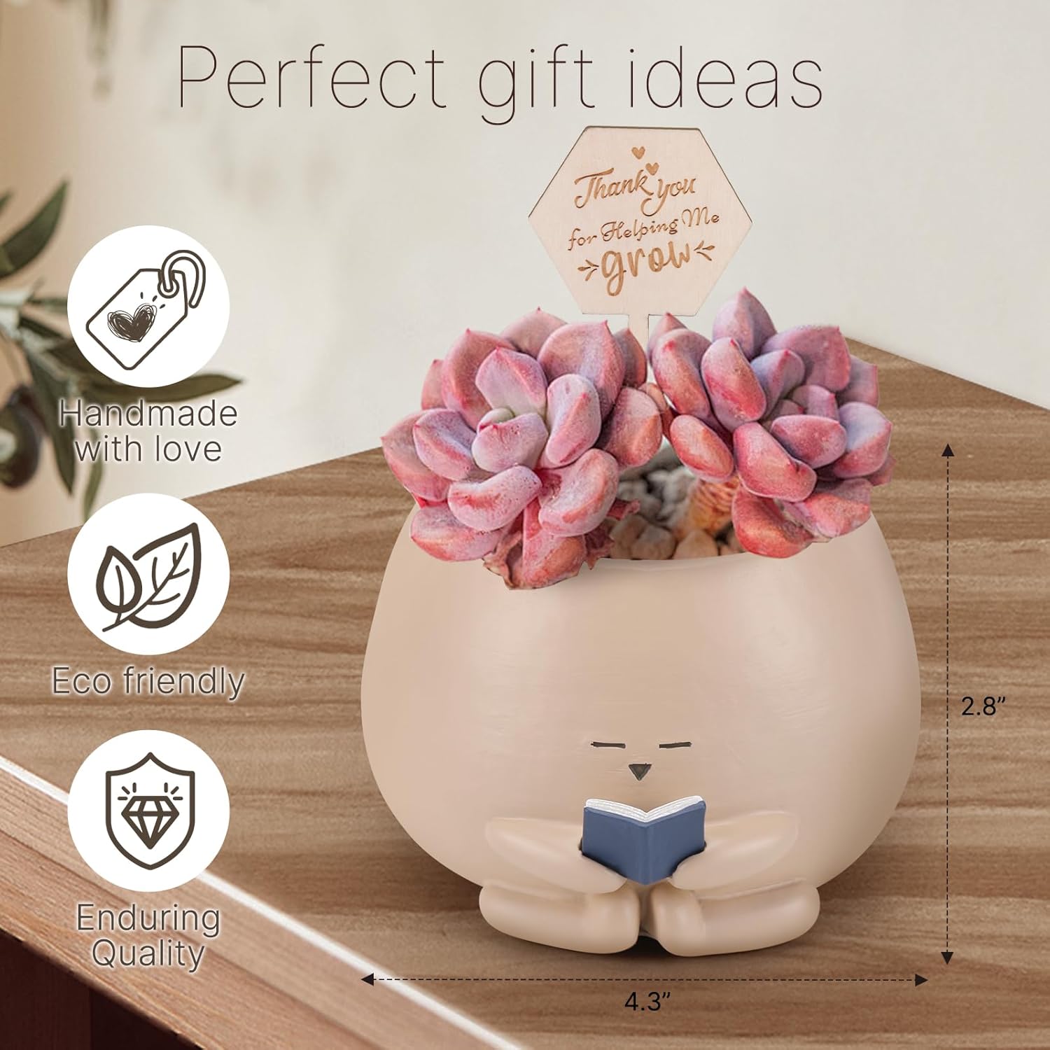 Bookworm Planter Pot Succulent Pot for Book and Plant Lover & Thank You Card, Emotional Support Gift, End of School Gift, Teacher Gift Mother Dad Appreciation S Small
