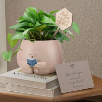 Bookworm Planter Pot Succulent Pot for Book and Plant Lover & Thank You Card, Emotional Support Gift, End of School Gift, Teacher Gift Mother Dad Appreciation S Small