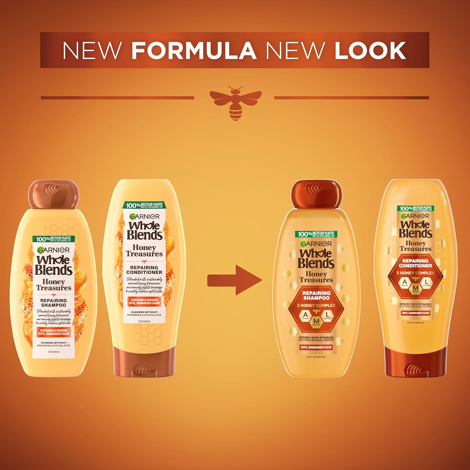 Garnier Whole Blends Honey Treasures Repairing Shampoo and Conditioner Set for Dry, Damaged Hair, 22 Fl Oz (2 Items), 1 Kit (Packaging May Vary) Royal Jelly, Honey and Propolis 22 Fl Oz (Pack of 2)