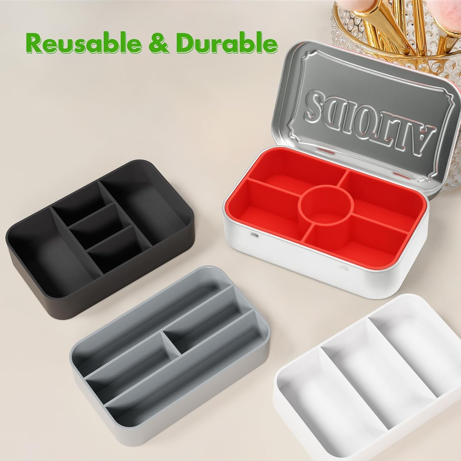 4-Pack Tin Organizer Inserts Compatible with Altoids 1.76oz Mint Tins – Ideal Dividers for Personal Essentials, Travel Storage of Pills, Jewelry, Art Supplies, or Fishing Gear (Assorted Colors)