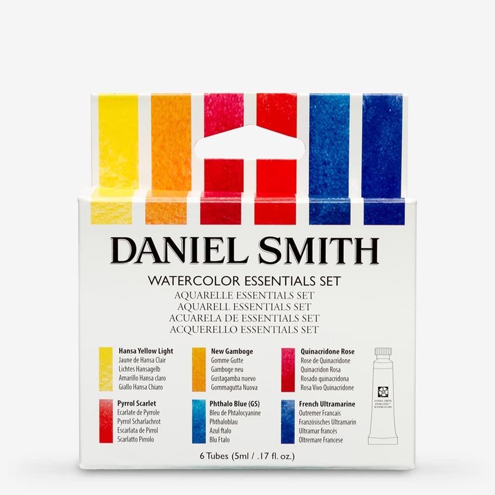 DANIEL SMITH 285610005 Extra Fine Essentials Introductory Watercolor, 6 Tubes, 5ml, Blue/Transparent/Yellow, 0.17 Fl Oz (Pack of 6) Essentials Introductory Pack Watercolor Set