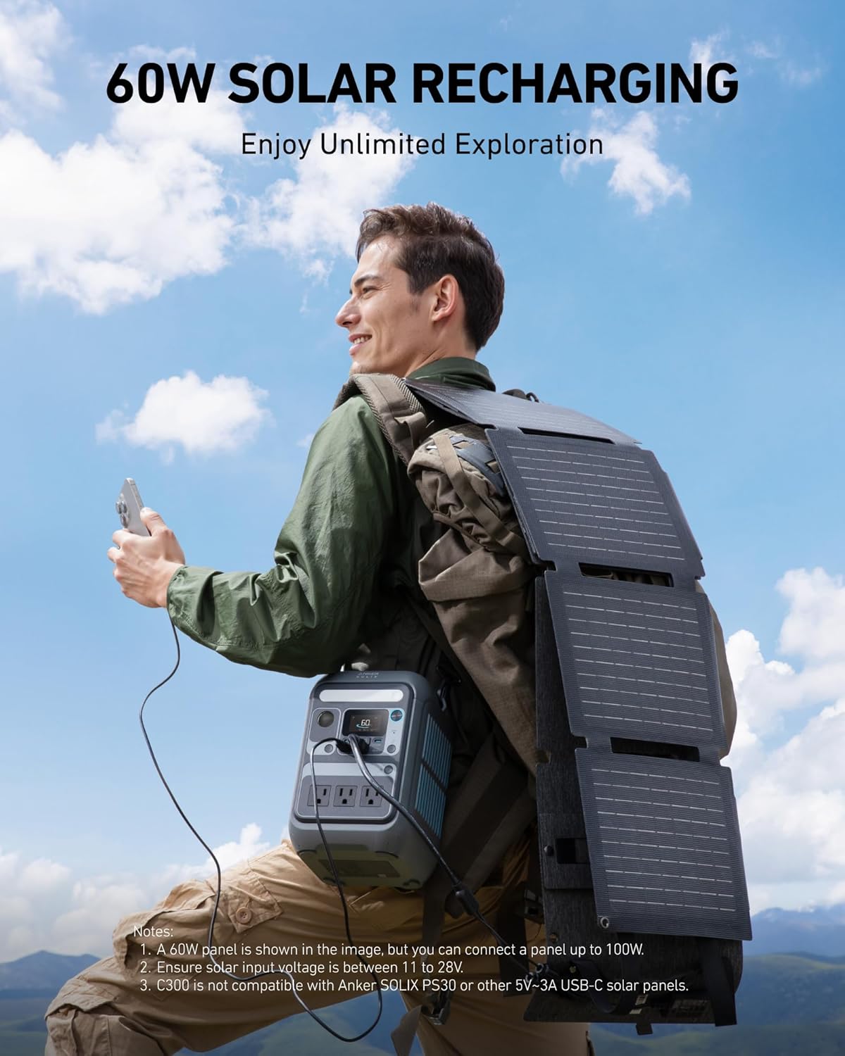 Anker Solar Generator SOLIX C300 with 60W Solar Panel, 288Wh Portable Power Station, 300W (600W Surge), LiFePO4 Battery, 140W Two-Way Fast Charging, for Outdoor Camping, Traveling, and Emergencies 60W Solar Panel + C300