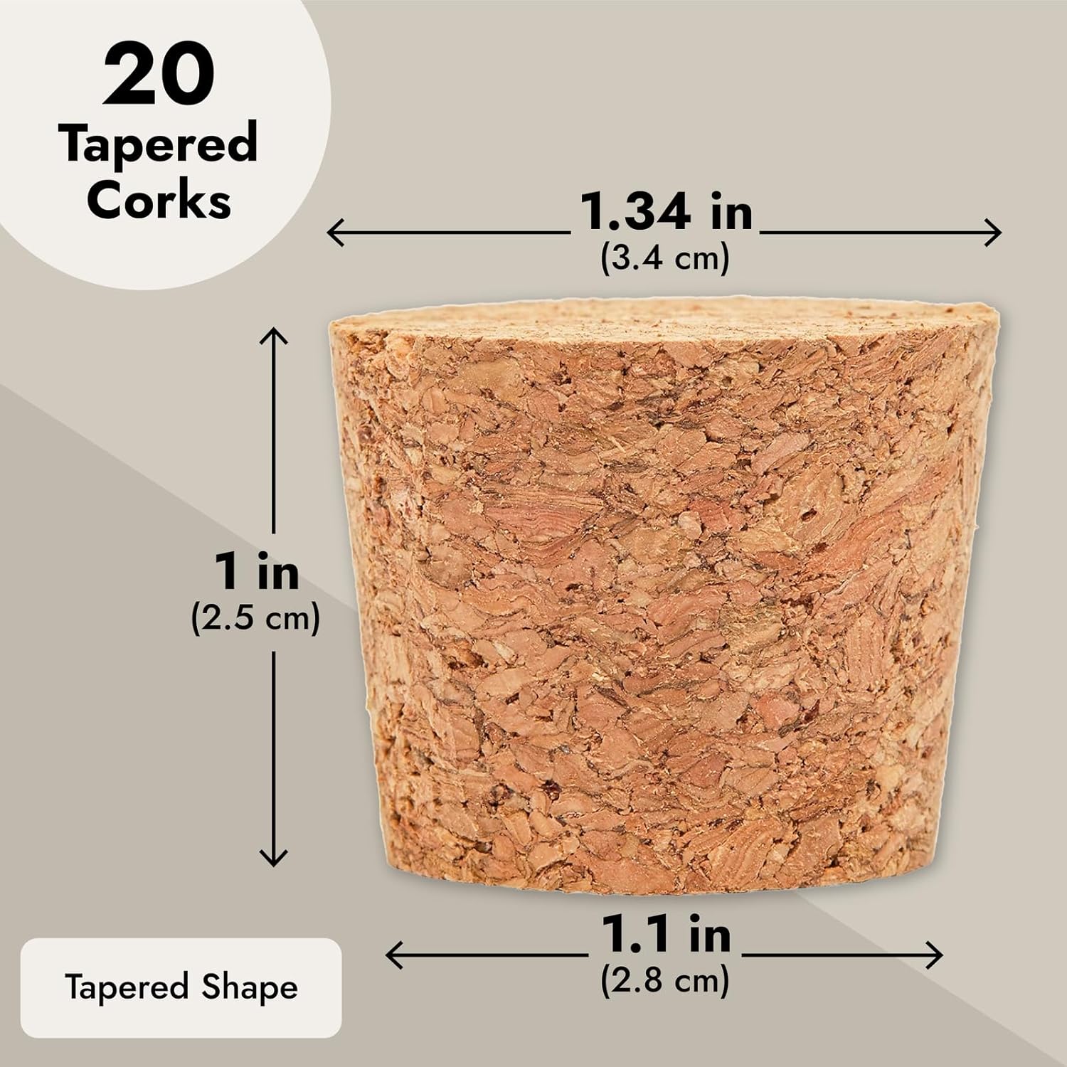 Juvale Tapered Cork Stoppers - 20 Pack Size 16, Brown, 1.1 in H x 1.34 in Top x 1 in Bottom - Wine Bottle Stoppers, DIY Projects & Beer Bottle Corks