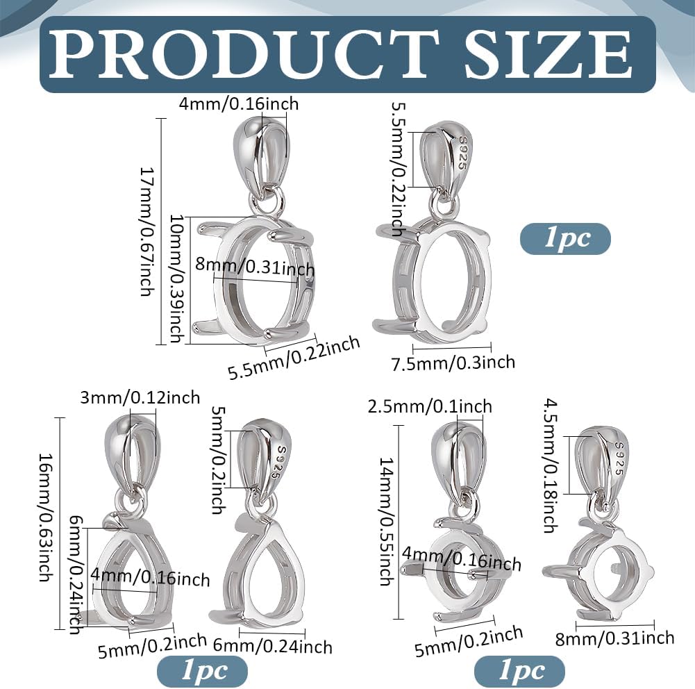 PH PandaHall 925 Sterling Silver Pendant Blanks Bezel Settings 3 Styles Round Oval Teardrop Cabochon Settings Open-Back Bezel Pendant Setting Gemstone Claw Trays for Jewellery Making 4~10mm