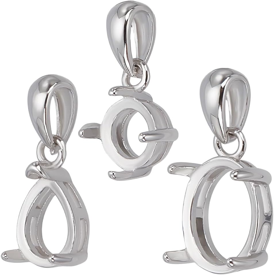 PH PandaHall 925 Sterling Silver Pendant Blanks Bezel Settings 3 Styles Round Oval Teardrop Cabochon Settings Open-Back Bezel Pendant Setting Gemstone Claw Trays for Jewellery Making 4~10mm