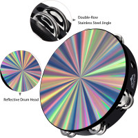 EASTROCK Radiant Tambourine Hand Held Drum 10 Inch Double Row Jingles Reflective Tambourine Musical Instrument for Kids Adults Church KTV Party 10 inch Radiant