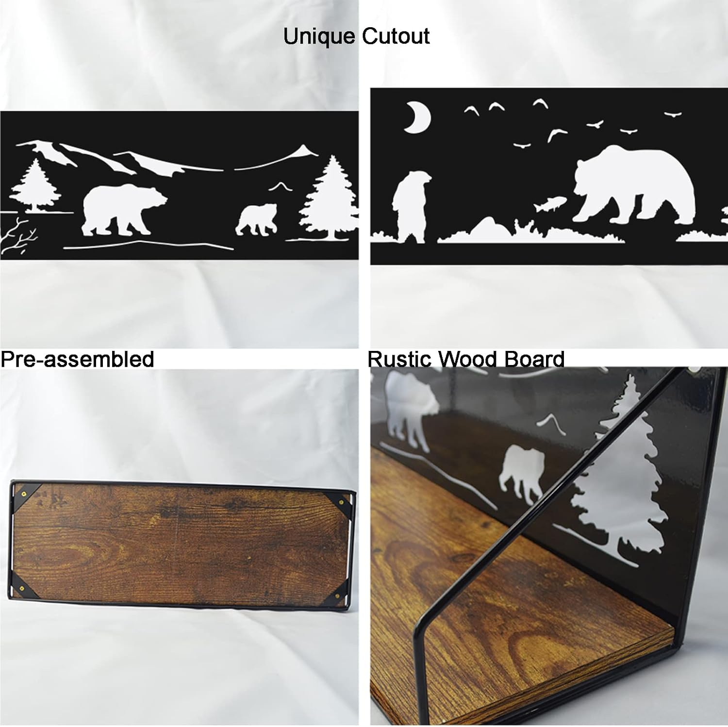 Giftgarden Floating Shelves for Wall with Unique Adorable Bears Cutouts, Rustic Wooden Iron Wall Shelf Bear Decor for Bathroom Cabin Lodge Bedroom Kitchen Living Room Nursery, Black, Set of 2 Bear Shelves