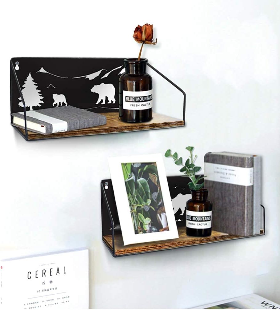 Giftgarden Floating Shelves for Wall with Unique Adorable Bears Cutouts, Rustic Wooden Iron Wall Shelf Bear Decor for Bathroom Cabin Lodge Bedroom Kitchen Living Room Nursery, Black, Set of 2 Bear Shelves