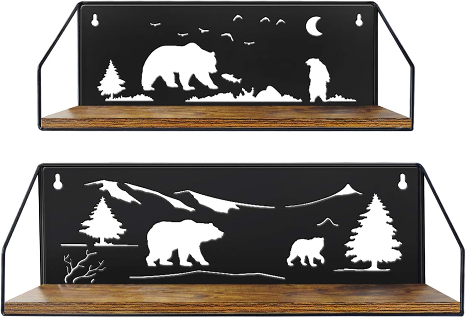 Giftgarden Floating Shelves for Wall with Unique Adorable Bears Cutouts, Rustic Wooden Iron Wall Shelf Bear Decor for Bathroom Cabin Lodge Bedroom Kitchen Living Room Nursery, Black, Set of 2 Bear Shelves